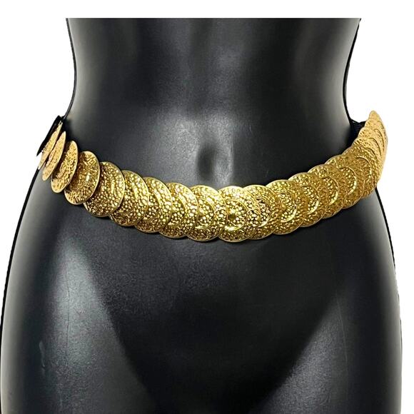 Vintage Gold Stretch Fish Scale Belt 1980s 1990s Chunky Textured Circles Sz S M - Picture 1 of 3